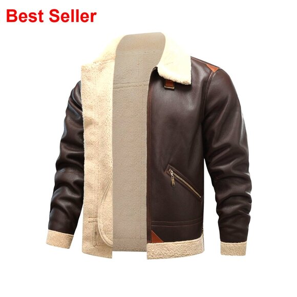 Men's Faux Leather Bomber Jacket with Faux Fur Lining
